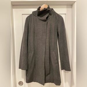 Betabrand Women’s Asymmetrical Hooded Mid-length Wrap Neck Coat